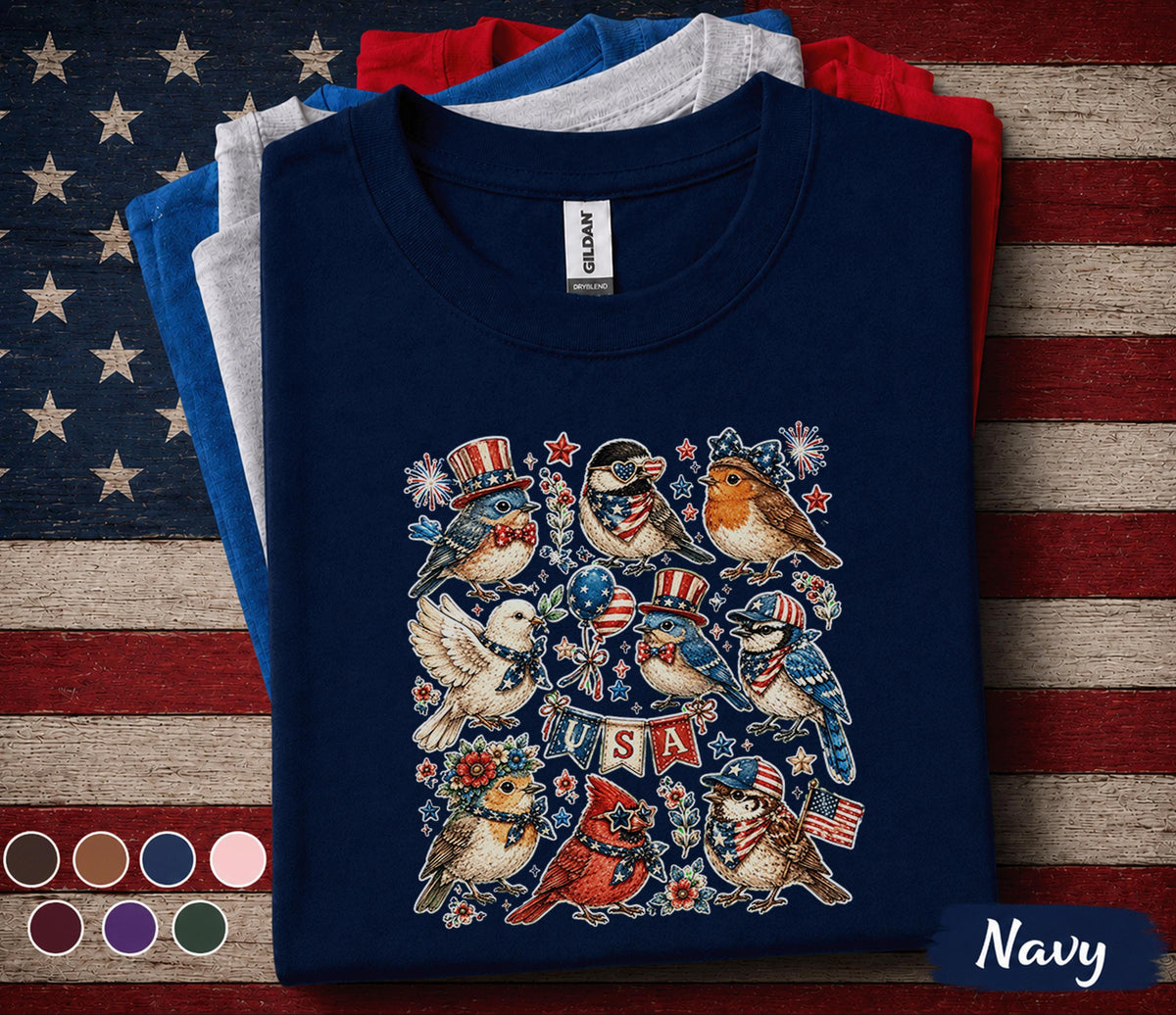 Patriotic Birds Shirt USA Bird Lover Tee American Flag Songbirds 4th of July Shirt Independence Day Gift Americana Bird Tee Forth of July