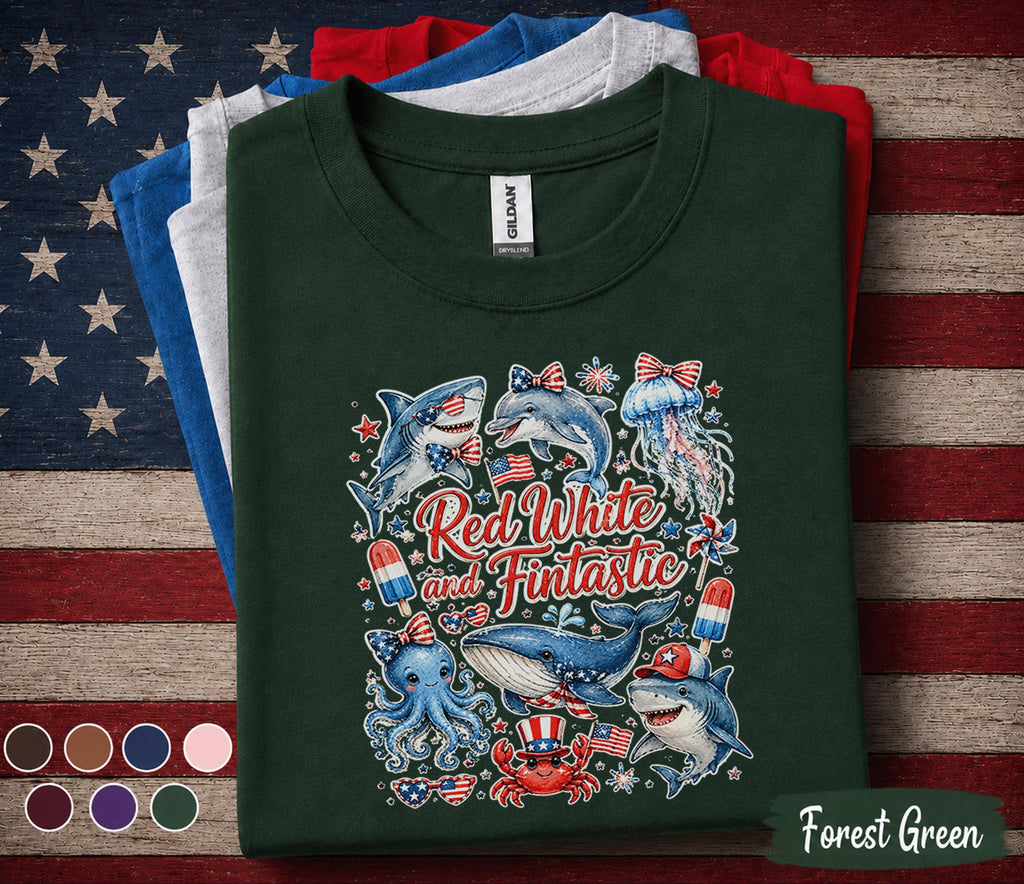 Red White and Fintastic Shirt Patriotic Ocean Animals Tee 4th of July Sea Life Shirt Independence Day Marine Life Gift Forth of July