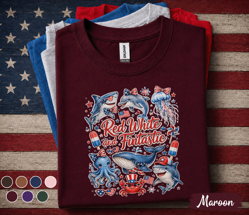Red White and Fintastic Shirt Patriotic Ocean Animals Tee 4th of July Sea Life Shirt Independence Day Marine Life Gift Forth of July