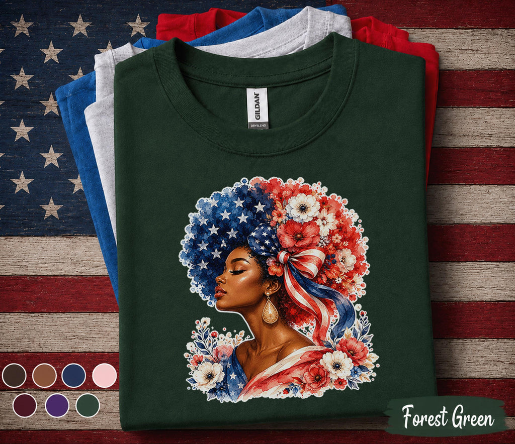 4th of July Shirt, Patriotic Black Woman Shirt, American Flag Afro Tee, Independence Day Gift, USA Floral Freedom Forth of July Tee