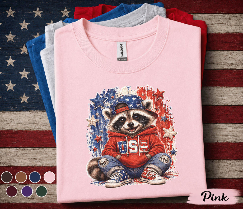 4th of July Raccoon Shirt, Patriotic USA Raccoon Tee, Cute American Flag Forth of July, Independence Day Party Shirt Gift for Kids Adults