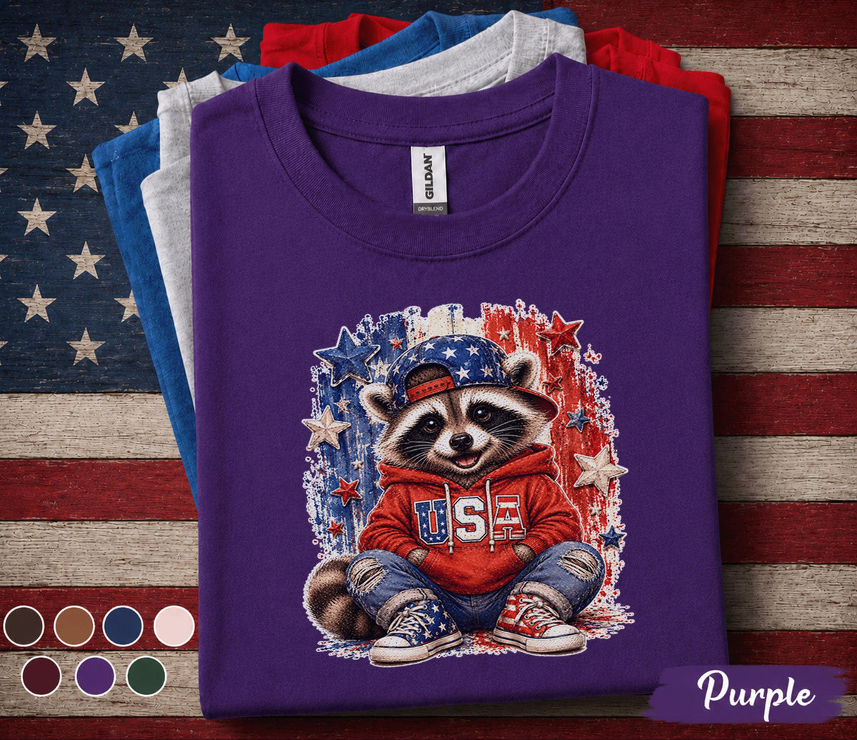 4th of July Raccoon Shirt, Patriotic USA Raccoon Tee, Cute American Flag Forth of July, Independence Day Party Shirt Gift for Kids Adults