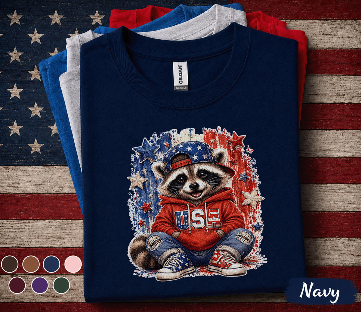4th of July Raccoon Shirt, Patriotic USA Raccoon Tee, Cute American Flag Forth of July, Independence Day Party Shirt Gift for Kids Adults