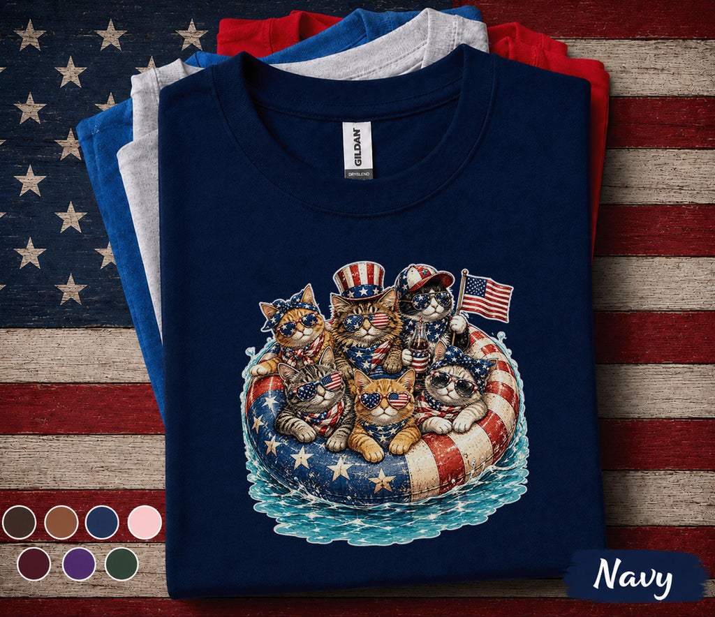 4th of July Cat Shirt, Patriotic Cats Float Tee, American Flag Kitten Forth of July Shirt, Independence Day Cat Lover Gift, USA Party Tee
