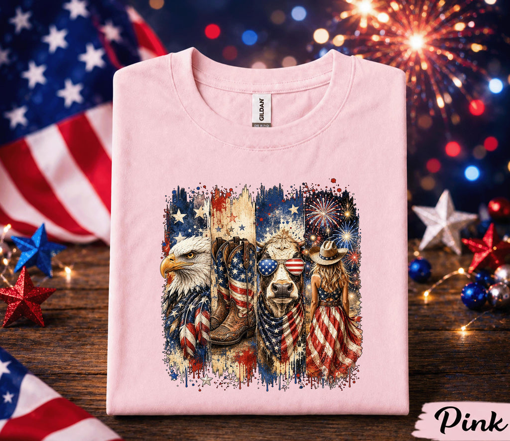 4th of July Western Shirt, Patriotic Cowgirl Eagle Tee, American Flag Highland Cow Forth of July, Independence Day Country USA Shirt Gift