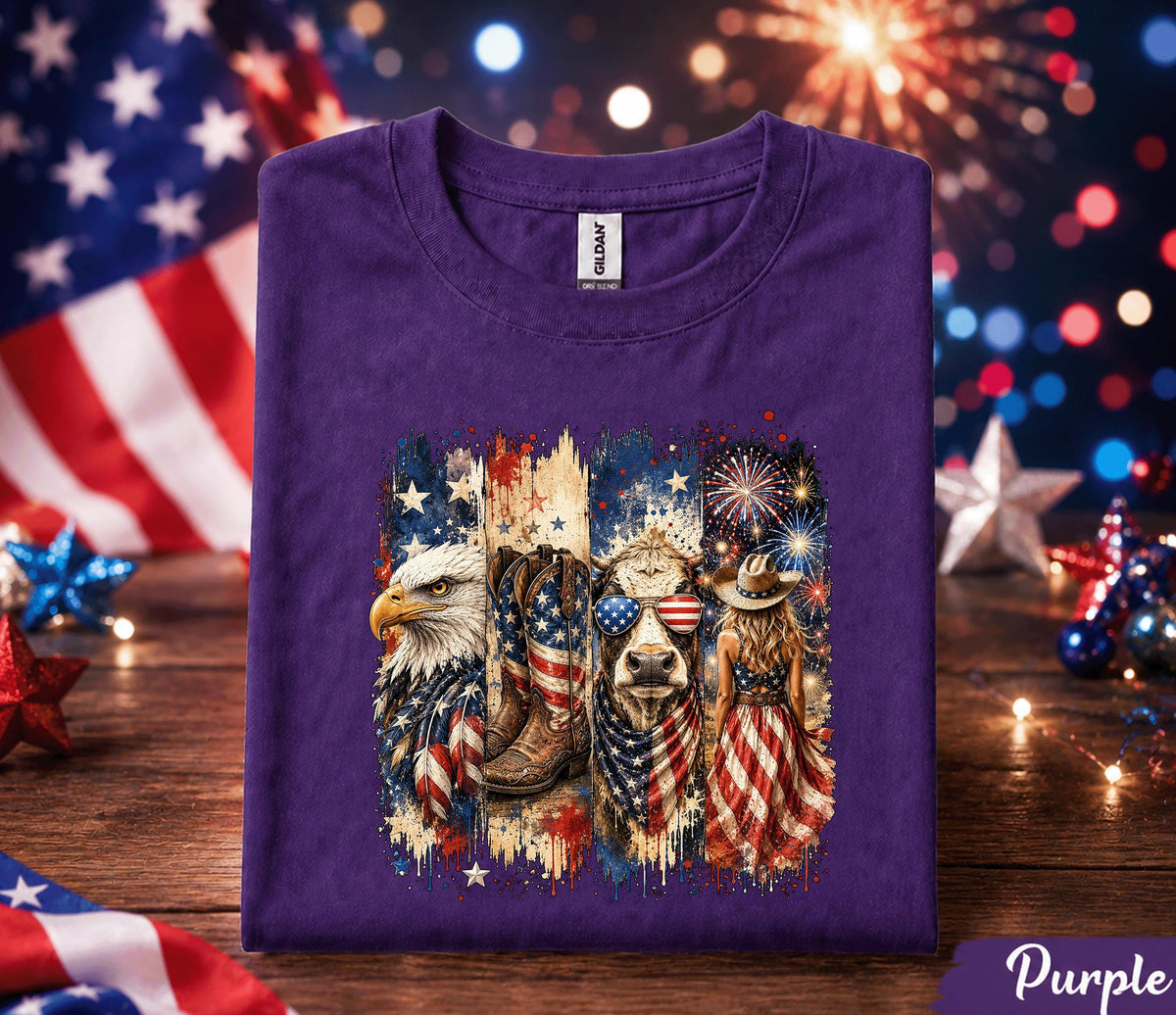4th of July Western Shirt, Patriotic Cowgirl Eagle Tee, American Flag Highland Cow Forth of July, Independence Day Country USA Shirt Gift