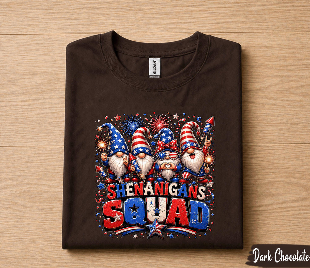 Shenanigans Squad 4th of July Shirt, Patriotic Gnome Independence Day Tee, USA Fireworks, Funny American Party Gift Forth of July