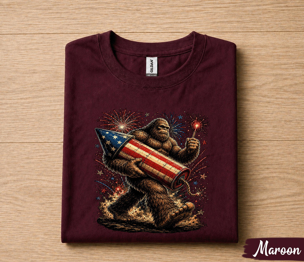 Bigfoot 4th of July Shirt, Patriotic Sasquatch Fireworks Tee, American Flag Rocket Independence Day T-Shirt, Funny USA Gift Forth of July