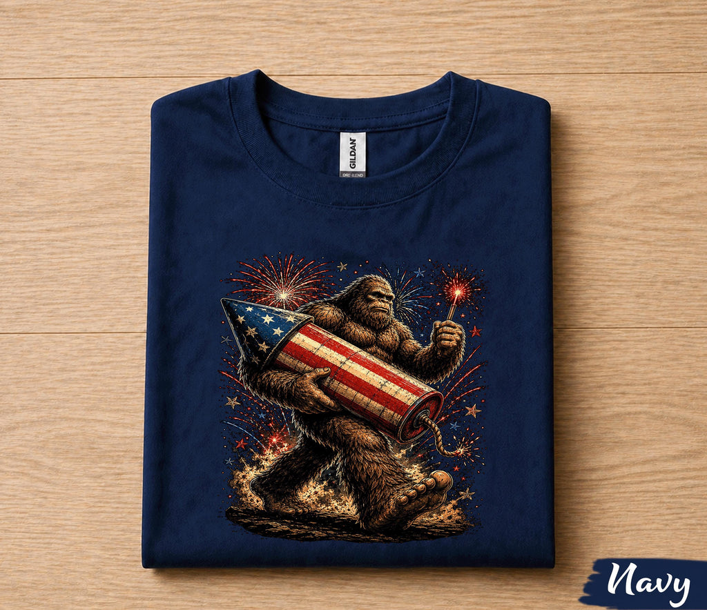 Bigfoot 4th of July Shirt, Patriotic Sasquatch Fireworks Tee, American Flag Rocket Independence Day T-Shirt, Funny USA Gift Forth of July