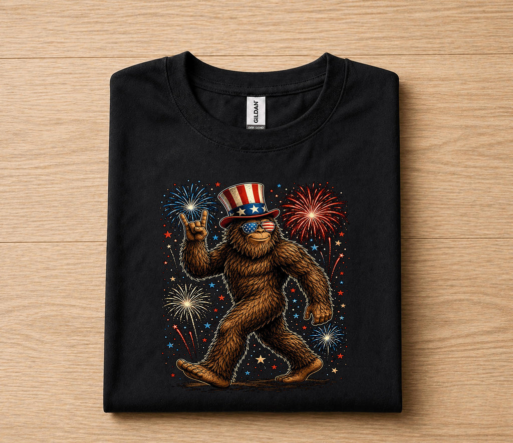 Patriotic Bigfoot 4th of July Shirt, Sasquatch Fireworks Tee