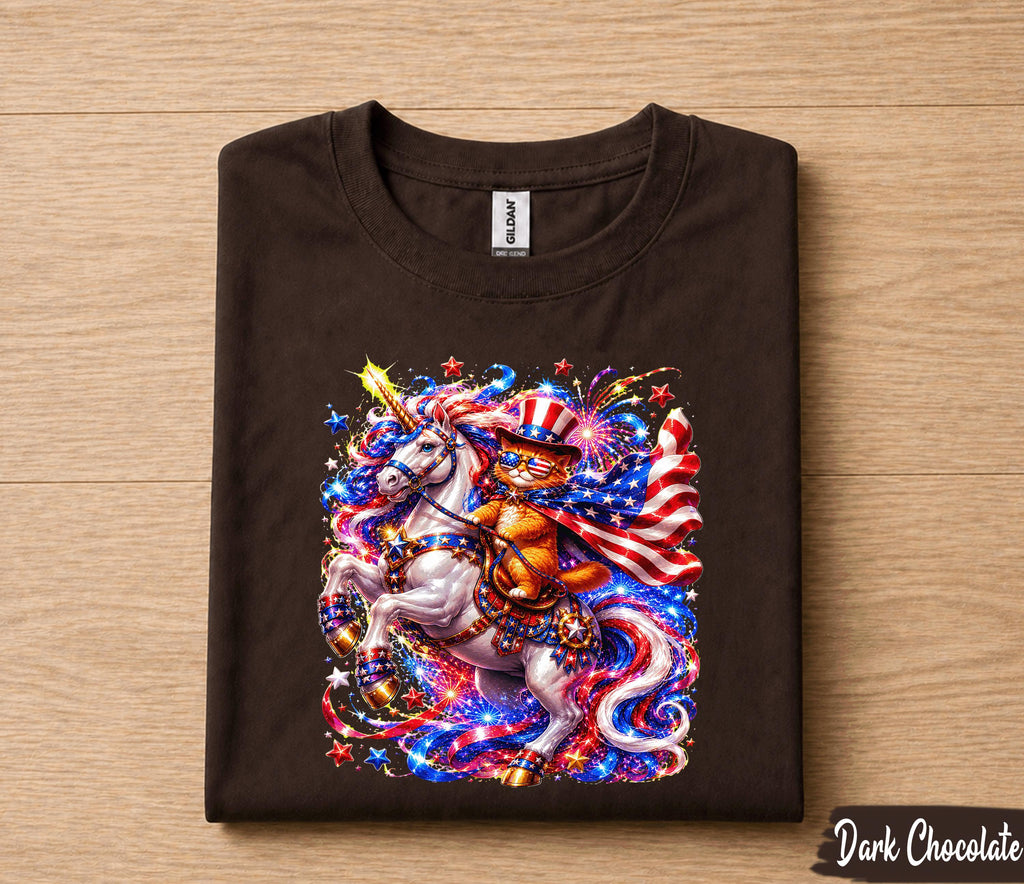 Patriotic Unicorn Cat 4th of July Shirt, Red White Blue Fireworks Tee, American Flag Kitty Unicorn Independence Day Gift Forth of July