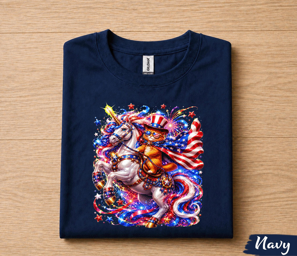 Patriotic Unicorn Cat 4th of July Shirt, Red White Blue Fireworks Tee, American Flag Kitty Unicorn Independence Day Gift Forth of July
