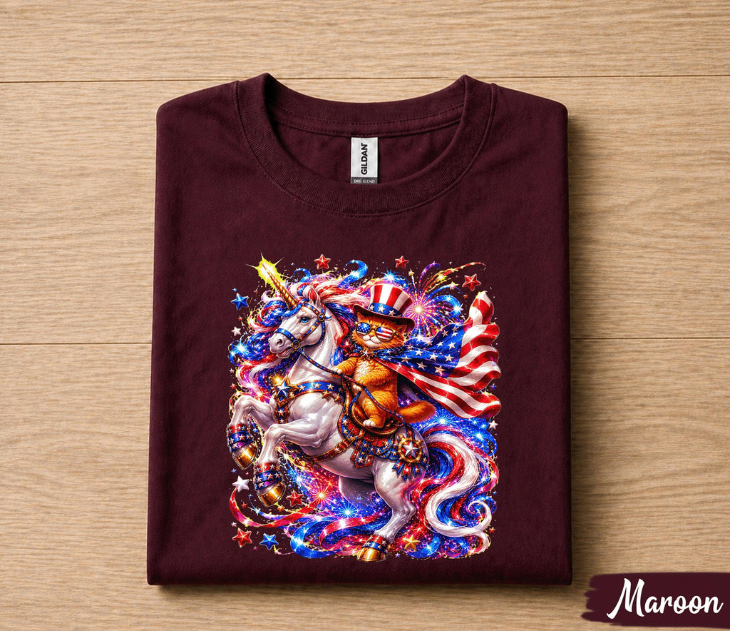 Patriotic Unicorn Cat 4th of July Shirt, Red White Blue Fireworks Tee, American Flag Kitty Unicorn Independence Day Gift Forth of July
