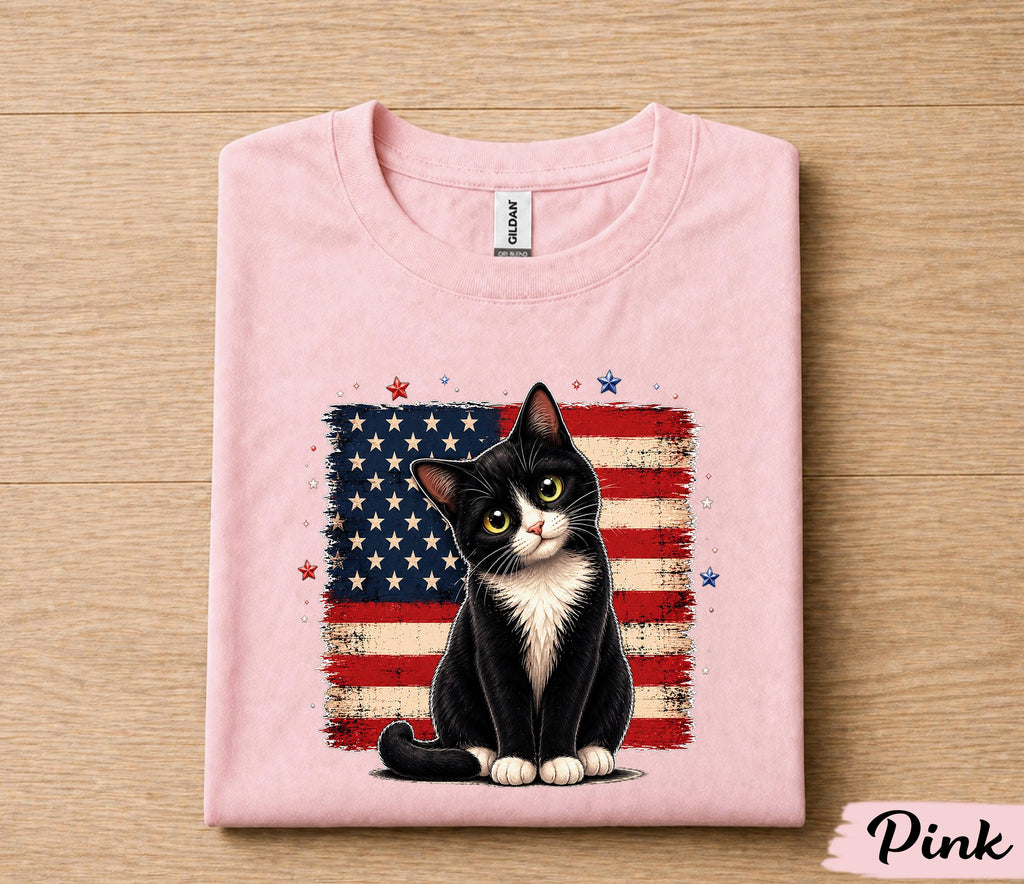 Patriotic Tuxedo Cat 4th of July Shirt, American Flag Cat Lover Tee, Cute Black White Kitty Independence Day Gift Forth of July