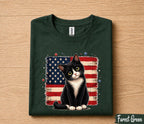 Patriotic Tuxedo Cat 4th of July Shirt, American Flag Cat Lover Tee, Cute Black White Kitty Independence Day Gift Forth of July