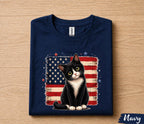 Patriotic Tuxedo Cat 4th of July Shirt, American Flag Cat Lover Tee, Cute Black White Kitty Independence Day Gift Forth of July