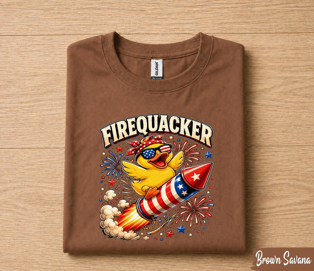 Firequacker 4th of July Shirt, Patriotic Duck Riding Firework Rocket Tee, Funny American Independence Day Party Gift Forth of July