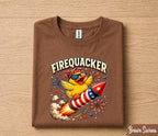Firequacker 4th of July Shirt, Patriotic Duck Riding Firework Rocket Tee, Funny American Independence Day Party Gift Forth of July