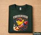 Firequacker 4th of July Shirt, Patriotic Duck Riding Firework Rocket Tee, Funny American Independence Day Party Gift Forth of July
