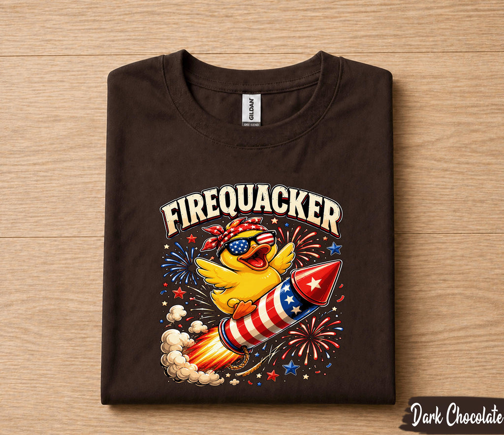 Firequacker 4th of July Shirt, Patriotic Duck Riding Firework Rocket Tee, Funny American Independence Day Party Gift Forth of July