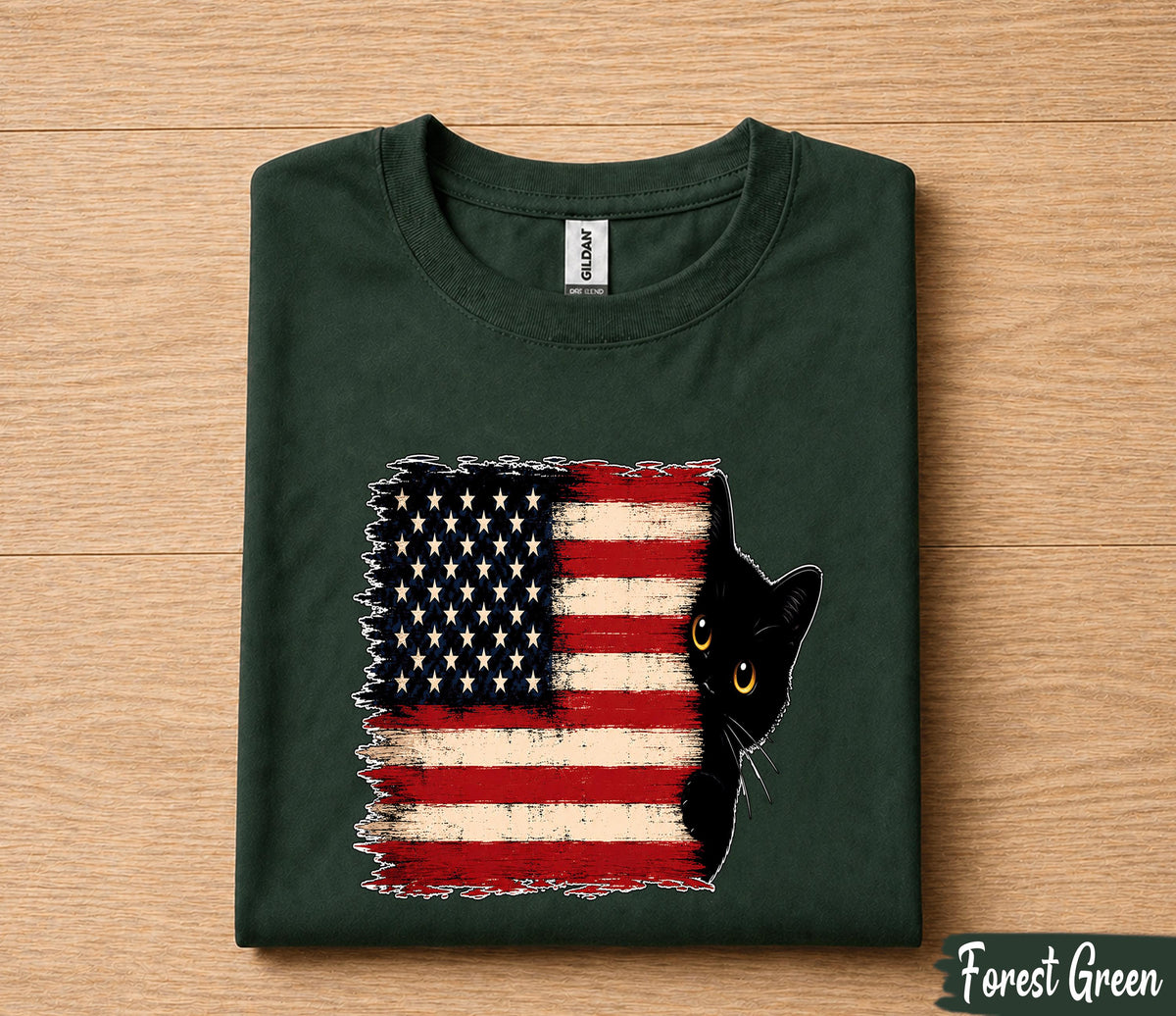 Patriotic Black Cat 4th of July Shirt, American Flag Cat Lover Tee, Cute Peeking Kitty Independence Day Gift, USA Pride Shirt Forth of July