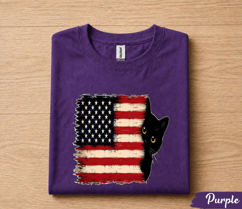 Patriotic Black Cat 4th of July Shirt, American Flag Cat Lover Tee, Cute Peeking Kitty Independence Day Gift, USA Pride Shirt Forth of July