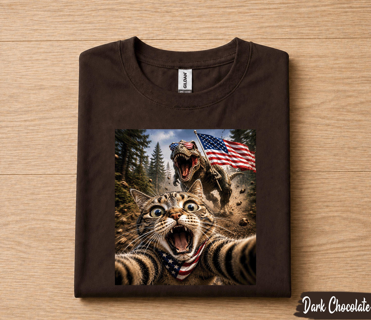 Funny Patriotic Cat Selfie Shirt, Cat Running From T Rex USA Flag Tee, 4th Of July Cat Lover Shirt, Independence Day Gift Forth of July
