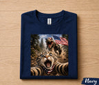 Funny Patriotic Cat Selfie Shirt, Cat Running From T Rex USA Flag Tee, 4th Of July Cat Lover Shirt, Independence Day Gift Forth of July