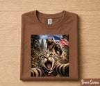 Funny Patriotic Cat Selfie Shirt, Cat Running From T Rex USA Flag Tee, 4th Of July Cat Lover Shirt, Independence Day Gift Forth of July