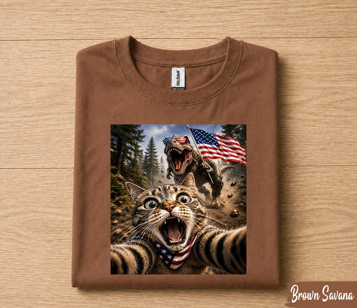 Funny Patriotic Cat Selfie Shirt, Cat Running From T Rex USA Flag Tee, 4th Of July Cat Lover Shirt, Independence Day Gift Forth of July