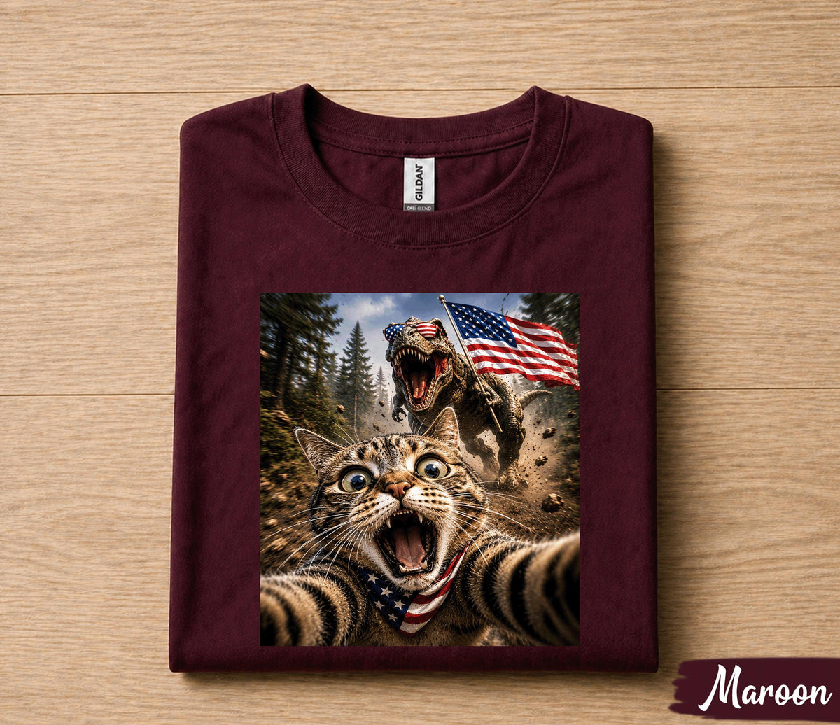 Funny Patriotic Cat Selfie Shirt, Cat Running From T Rex USA Flag Tee, 4th Of July Cat Lover Shirt, Independence Day Gift Forth of July