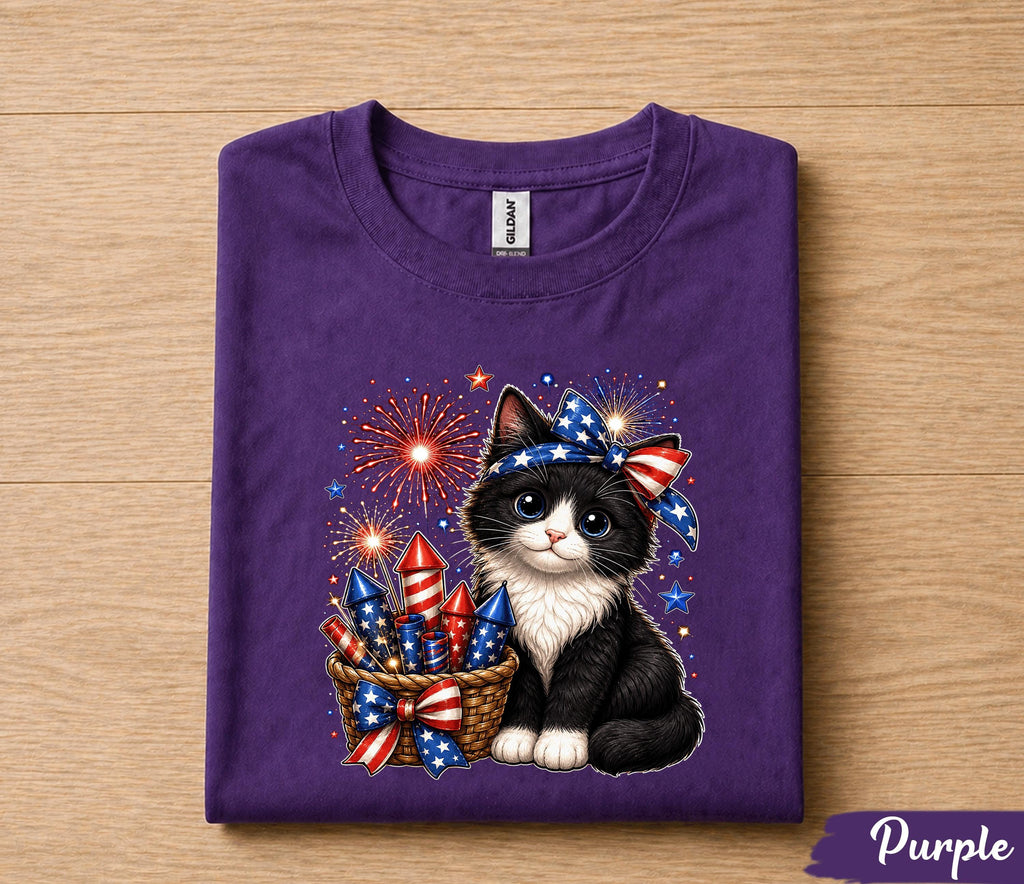 Cute Patriotic Kitten Shirt, 4th Of July Cat Lover Tee, Fireworks Cat Shirt, American Flag Kitty Independence Day Gift Forth of July