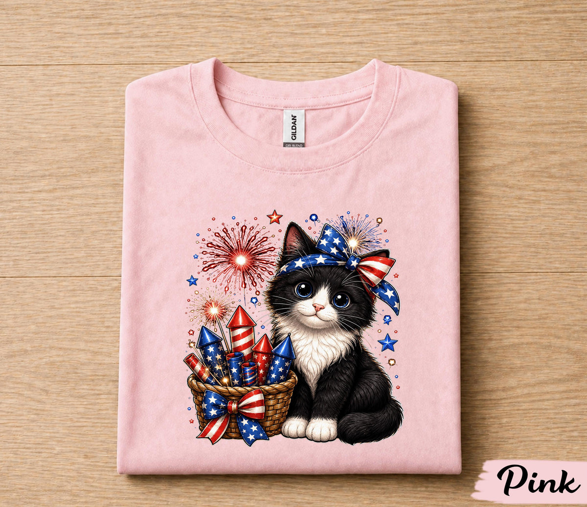 Cute Patriotic Kitten Shirt, 4th Of July Cat Lover Tee, Fireworks Cat Shirt, American Flag Kitty Independence Day Gift Forth of July