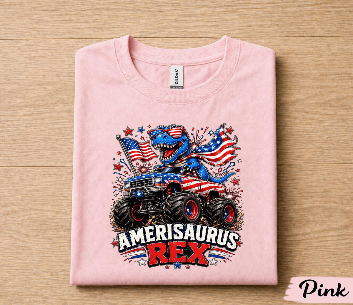 Amerisaurus Rex Shirt, Funny 4th Of July Dinosaur Monster Truck Tee, Patriotic T Rex American Flag USA Independence Day Gift Forth of July