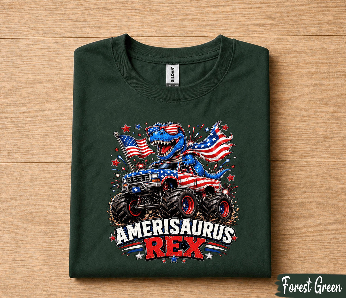 Amerisaurus Rex Shirt, Funny 4th Of July Dinosaur Monster Truck Tee, Patriotic T Rex American Flag USA Independence Day Gift Forth of July