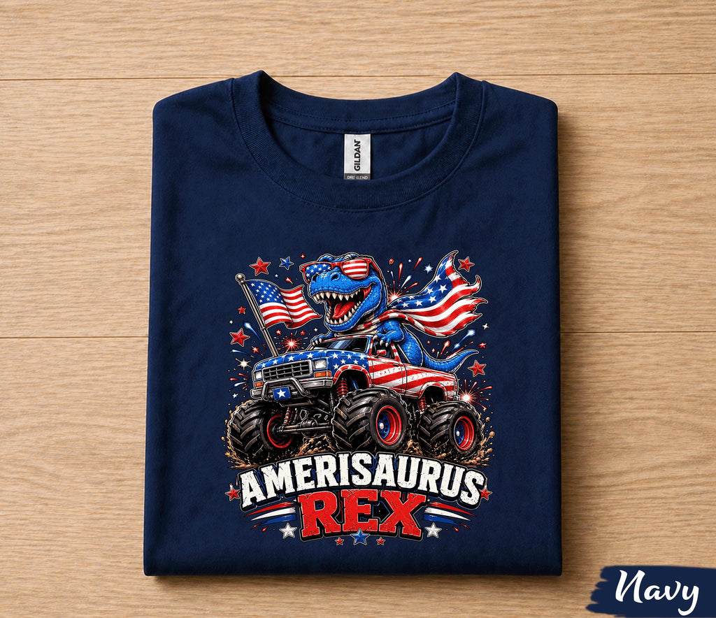 Amerisaurus Rex Shirt, Funny 4th Of July Dinosaur Monster Truck Tee, Patriotic T Rex American Flag USA Independence Day Gift Forth of July