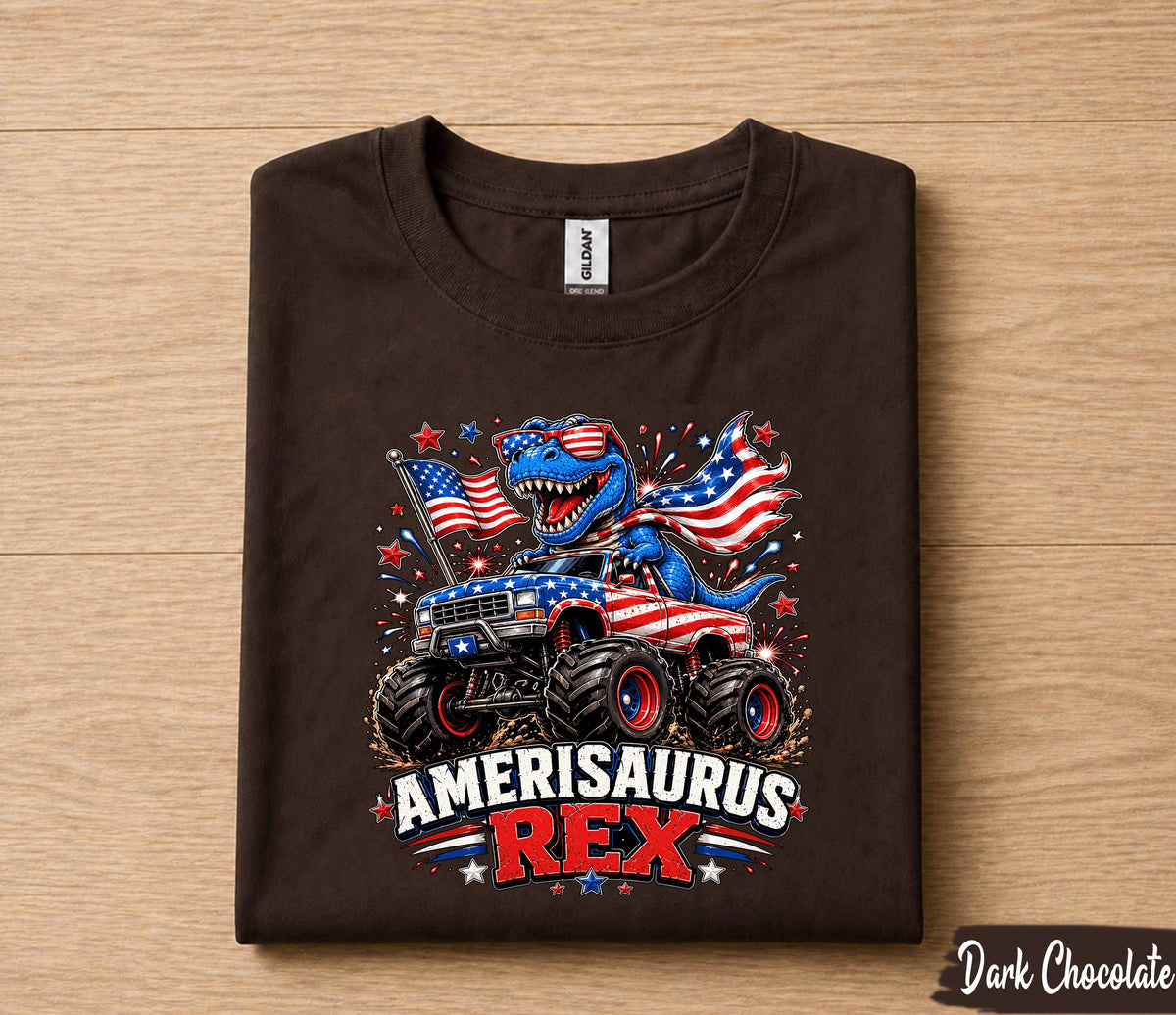 Amerisaurus Rex Shirt, Funny 4th Of July Dinosaur Monster Truck Tee, Patriotic T Rex American Flag USA Independence Day Gift Forth of July