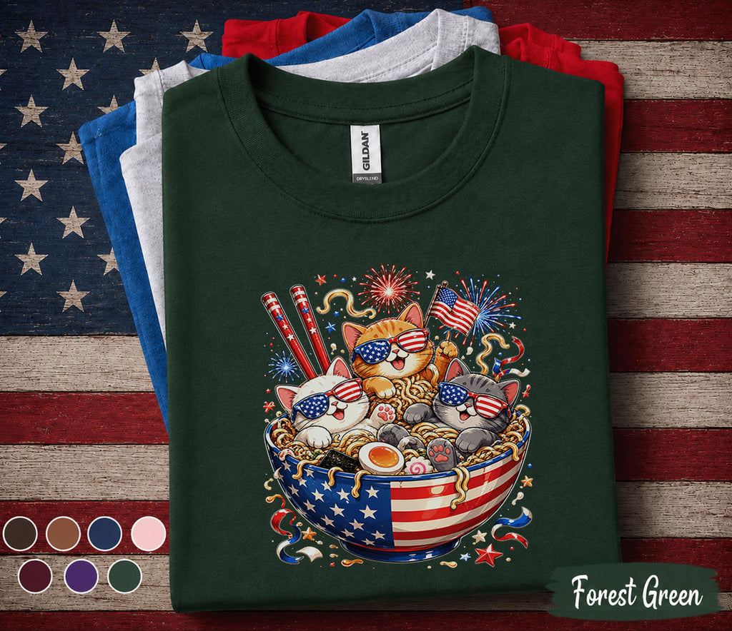 4th of July Cat Shirt, Patriotic Ramen Cat Tee, Funny American Flag Kittens T Shirt, Independence Day Fireworks Gift Top Forth of July