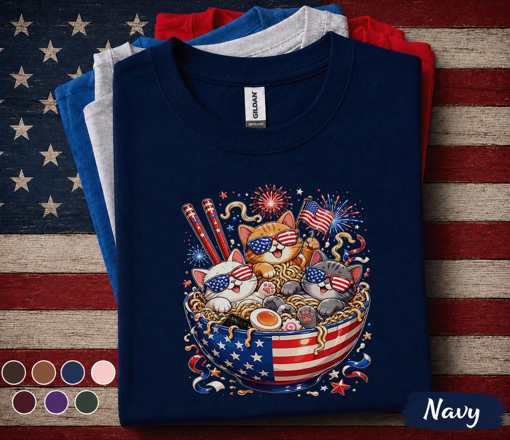 4th of July Cat Shirt, Patriotic Ramen Cat Tee, Funny American Flag Kittens T Shirt, Independence Day Fireworks Gift Top Forth of July