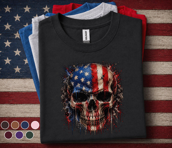 American Flag Skull Shirt, Patriotic Skull 4th of July Tee