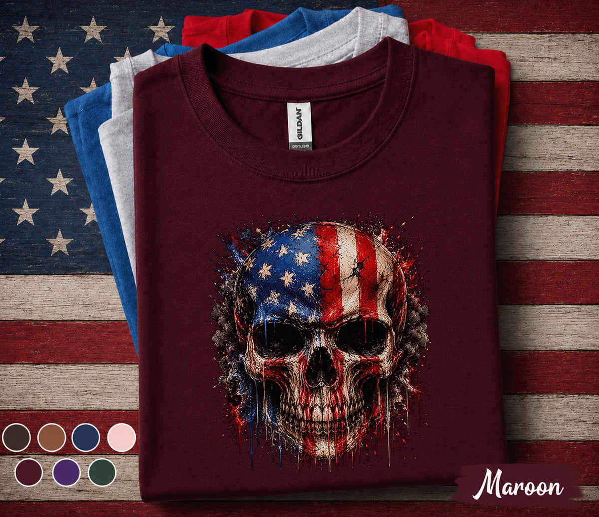 American Flag Skull Shirt, Patriotic Skull 4th of July Tee, USA Independence Day Shirt, Gothic American Pride Graphic Top Forth of July
