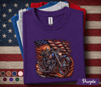 Patriotic Biker Skull Shirt, American Flag Motorcycle Tee, Flaming Skeleton Rider 4th of July Shirt, USA Freedom Forth of July Top