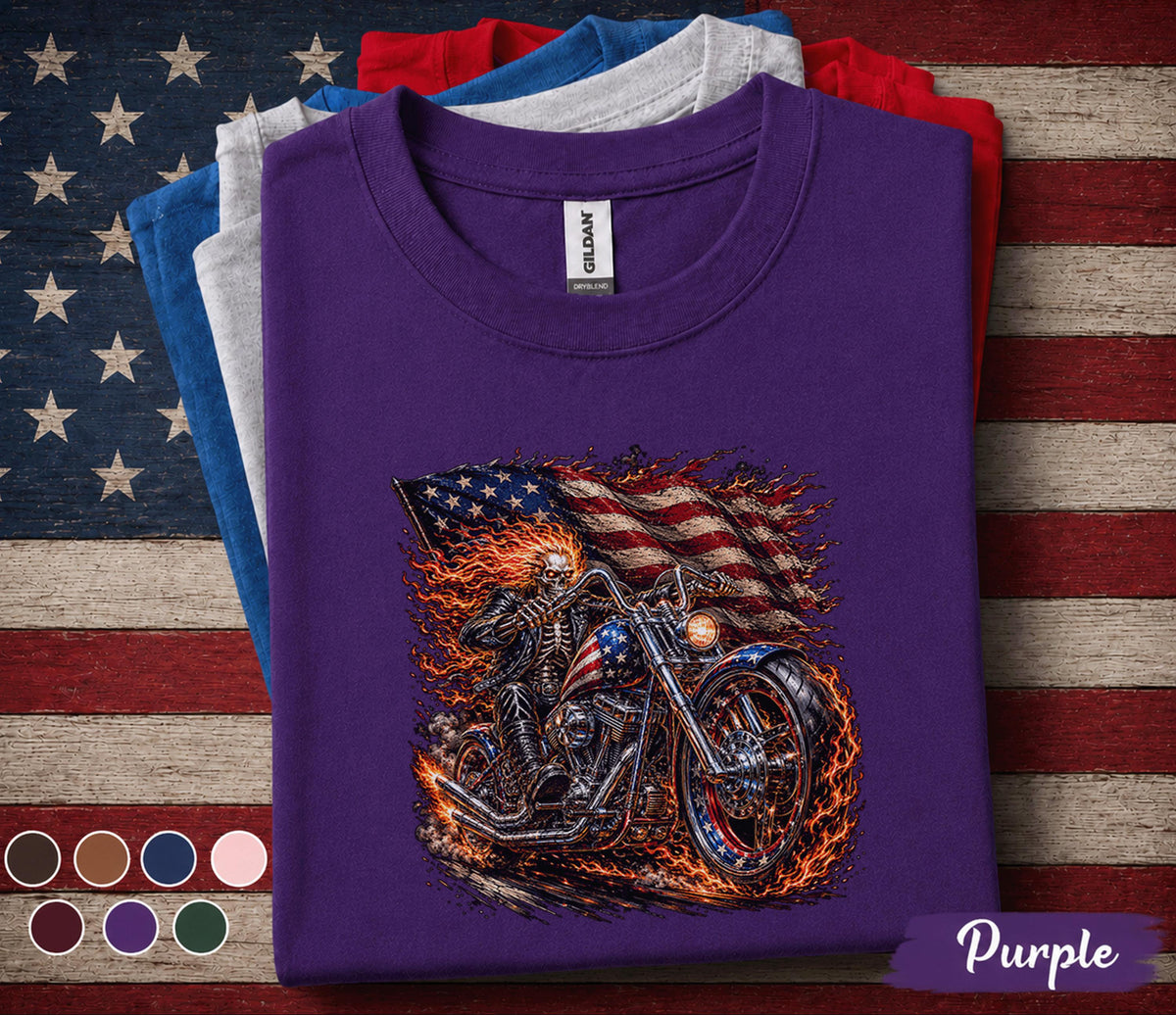 Patriotic Biker Skull Shirt, American Flag Motorcycle Tee, Flaming Skeleton Rider 4th of July Shirt, USA Freedom Forth of July Top