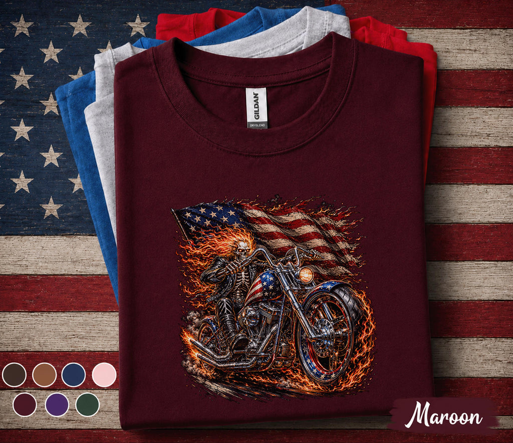 Patriotic Biker Skull Shirt, American Flag Motorcycle Tee, Flaming Skeleton Rider 4th of July Shirt, USA Freedom Forth of July Top
