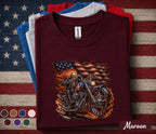 Patriotic Biker Skull Shirt, American Flag Motorcycle Tee, Flaming Skeleton Rider 4th of July Shirt, USA Freedom Forth of July Top