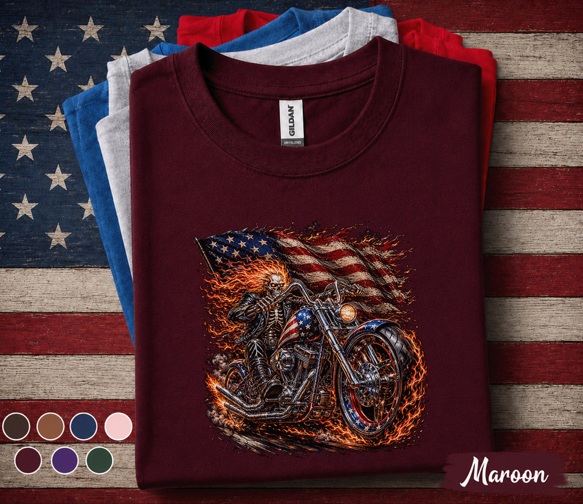 Patriotic Biker Skull Shirt, American Flag Motorcycle Tee, Flaming Skeleton Rider 4th of July Shirt, USA Freedom Forth of July Top