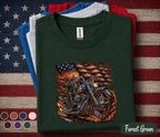Patriotic Biker Skull Shirt, American Flag Motorcycle Tee, Flaming Skeleton Rider 4th of July Shirt, USA Freedom Forth of July Top