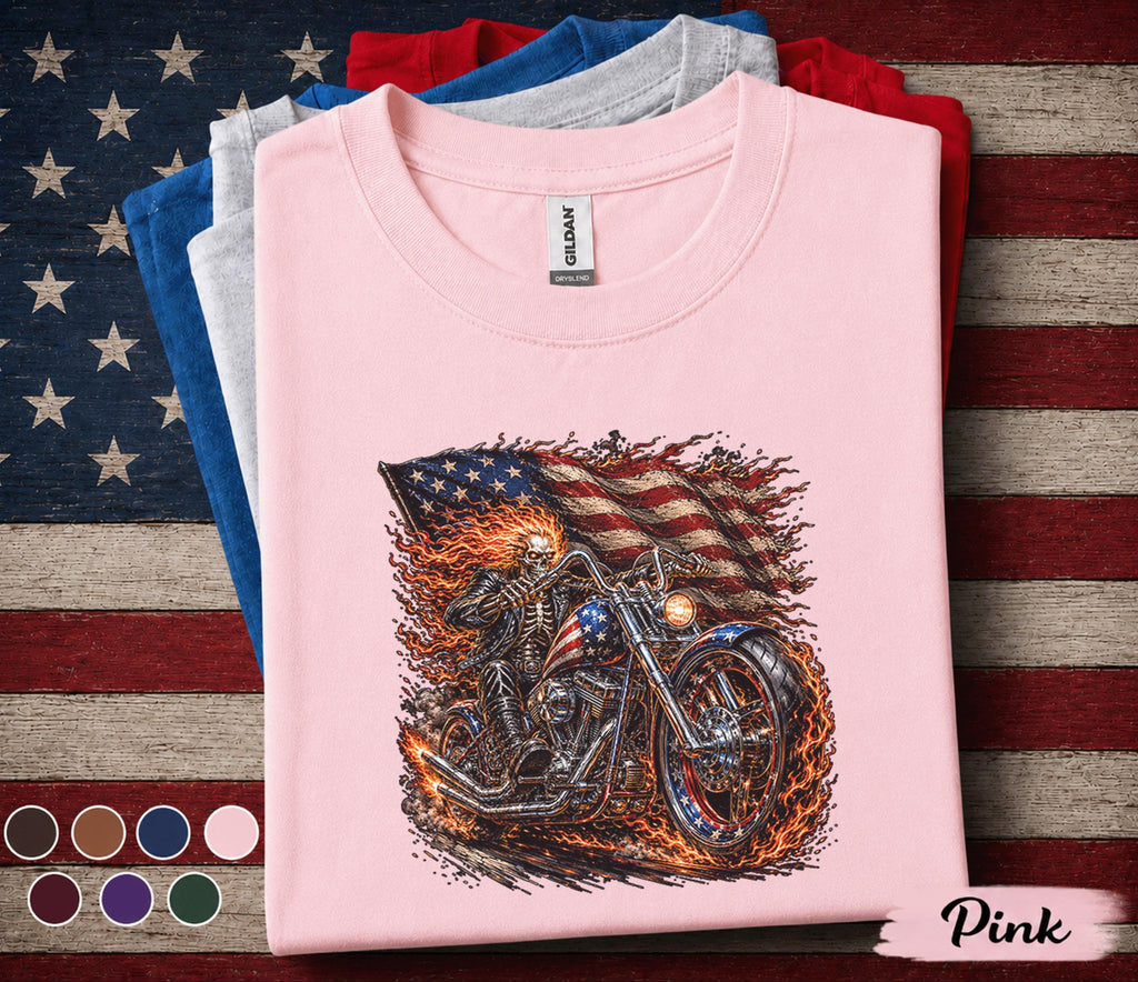 Patriotic Biker Skull Shirt, American Flag Motorcycle Tee, Flaming Skeleton Rider 4th of July Shirt, USA Freedom Forth of July Top