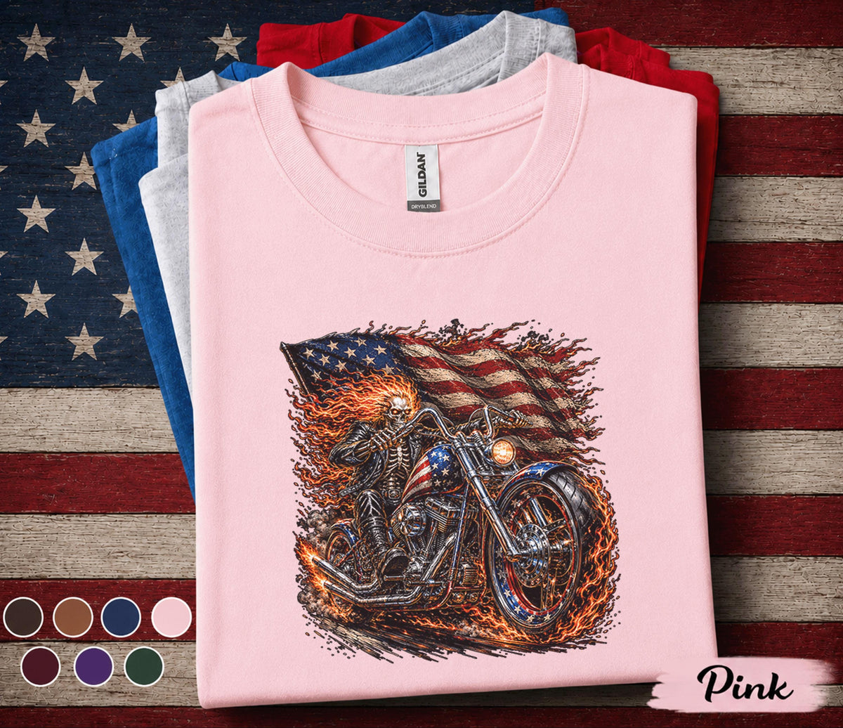 Patriotic Biker Skull Shirt, American Flag Motorcycle Tee, Flaming Skeleton Rider 4th of July Shirt, USA Freedom Forth of July Top