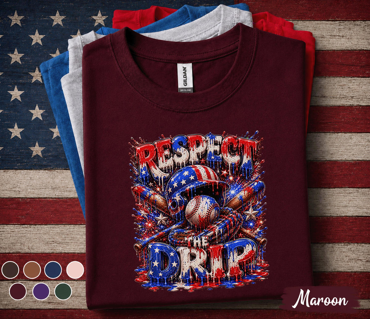Respect The Drip Baseball Shirt, Patriotic Baseball Tee, American Flag Kids Boys Shirt, 4th of July Baseball Fan Gift Youth Forth of July